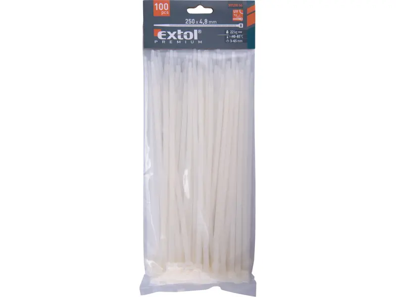 pásky stahovací na kabely bílé, 250x4,8mm, 100ks, nylon PA66