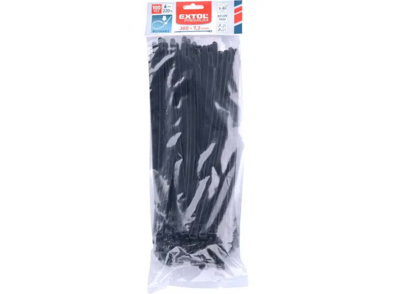 pásky stahovací černé, rozpojitelné, 300x7,2mm, 100ks, nylon PA66