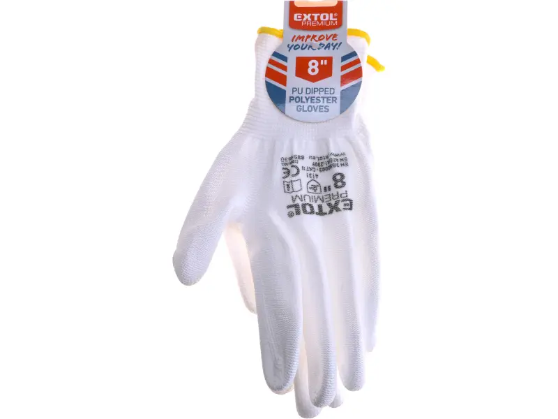 rukavice z polyesteru polomáčené v PU, bílé, velikost 8