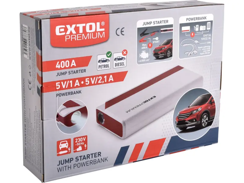 jump startér, 400A, pro benzínové motory, powerbanka 5V