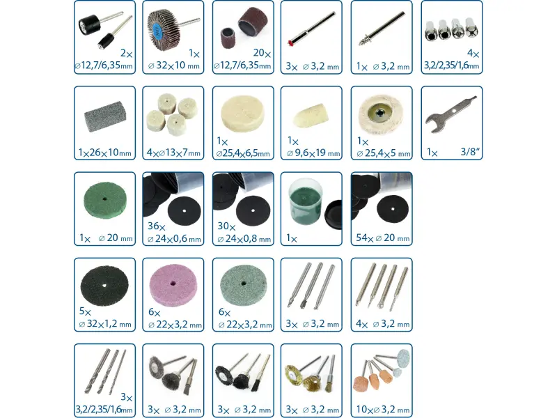 nástavce na přímou brusku, sada 208ks