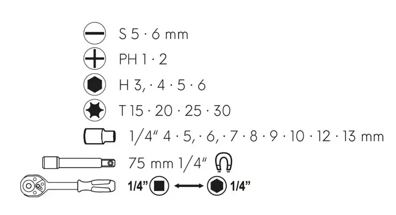 Sada oboustranná ráčna s bity a adaptery 1/4" 23ks