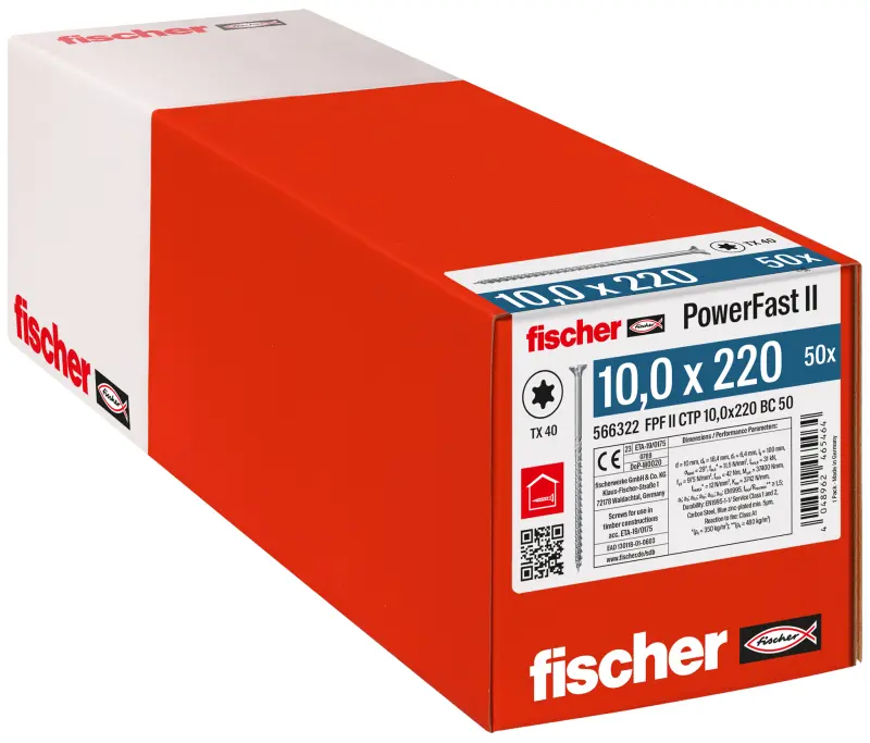 Vrut pro dřevostavby fischer PowerFast FPF II CTP 10,0x220 BC 50 BZn