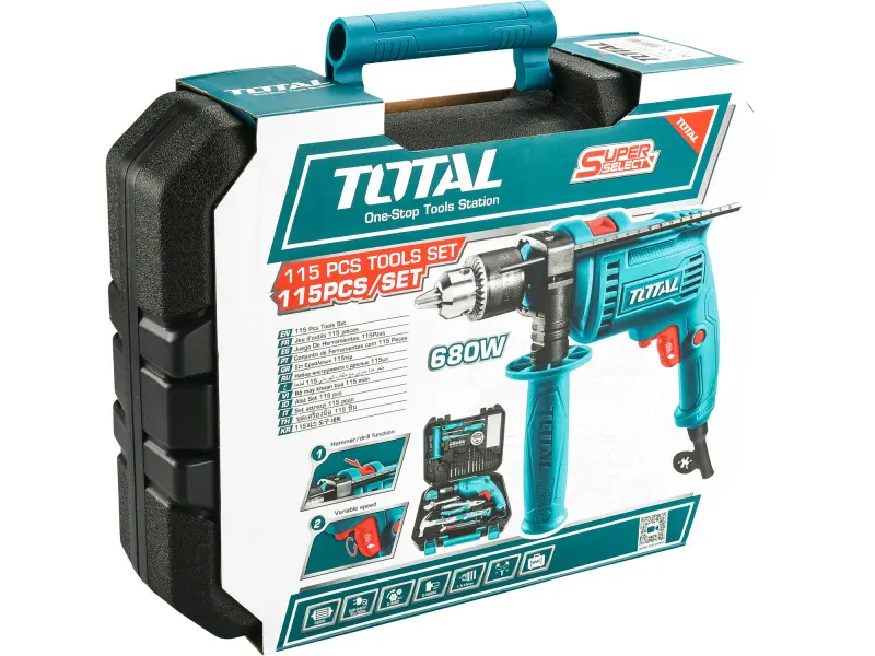 Vrtačka s příklepem a nářadím, 680W, 115ks